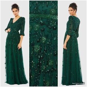 NWT Mac Duggal 5497 Green Embellished V Neck 3/4 Sleeve A Line Gown Size 14